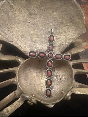 Sterling Silver NOT MARKED Cross Pendant with Coral Accents - brown